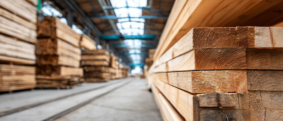 Fototapeta premium Close-up view of stacked wooden planks inside a spacious lumber warehouse with blurred background showing rows of timber and industrial roof structure