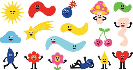 Cute Kawaii Characters Shapes, Sun, Mushroom, Cloud, Star, Bomb with Faces