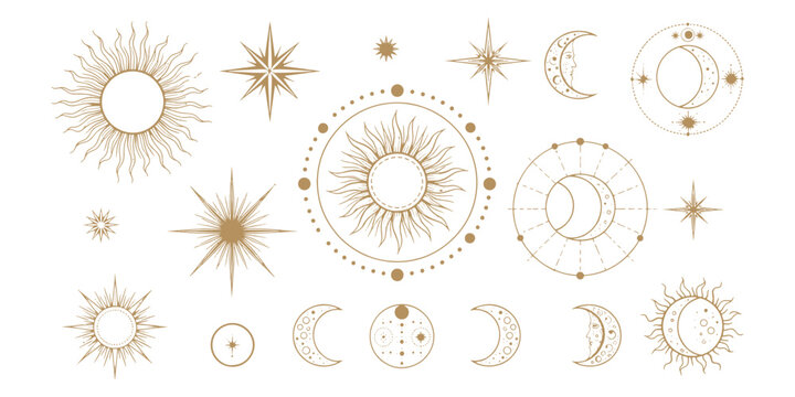 Celestial Elements Sun, Moon, and Stars Constellation Icons - Esoteric and Mystical Motifs