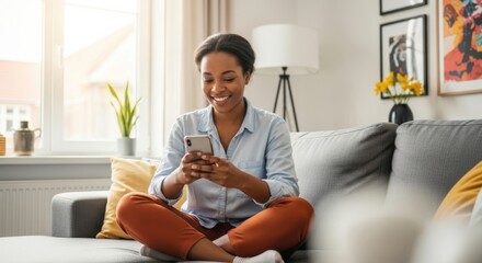 Smiling young black woman sitting crosslegged on a sofa, looking at her smartphone and texting, with natural light streaming in from a window