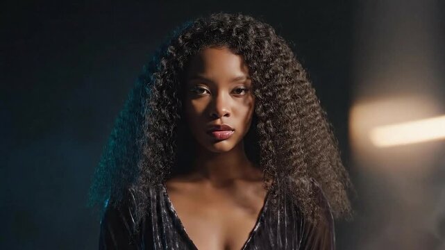 Cinematic ai generated portrait of a confident woman with curly hair in moody studio lighting professional headshot style. Cinematic portrait of a confident woman in soft light