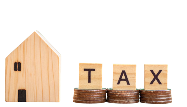 Real Estate Tax Concept with Coin Piles and Wooden Home Icon Beside TAX Blocks, Isolated - Powered by Adobe