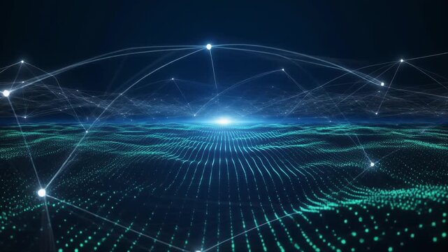 Cyber data flow with blockchain fields, AI networks, neural streams, and digital communication in a futuristic 3D science-tech landscape.