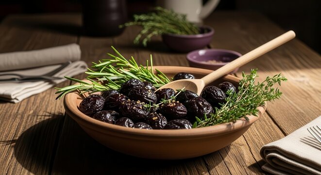 Rustic Black Olives with Herbs in Earthenware Bowl on Wooden Table Close-Up - Powered by Adobe
