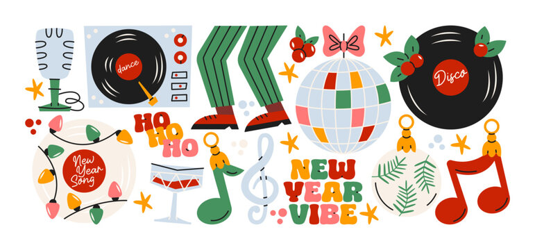 New Year disco party stickers in retro cartoon. Collection with disco ball, vinyl records and music notes. Festive nostalgic illustration set about celebration, dance and holiday vibes.