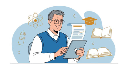 Senior Educator Reviewing Digital Documents And Considering Educational Resources