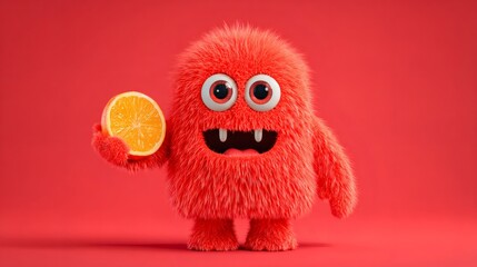 Fototapeta premium Funny fluffy red monster holding a sliced orange. Cute creature with big eyes and fangs. Humorous character for kid content.