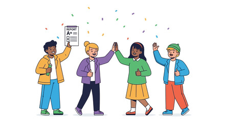 Joyful Group Celebrating Academic Success with High Fives and Excellent Report Card