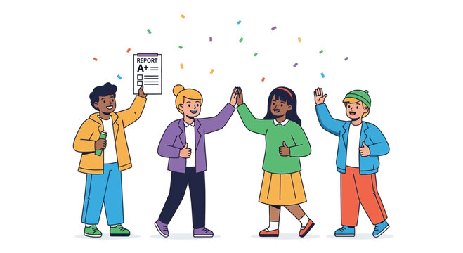 Joyful Group Celebrating Academic Success with High Fives and Excellent Report Card