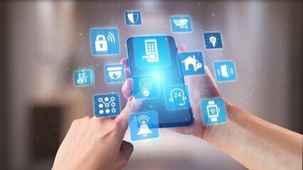 Home security icons show smart home, surveillance, and safety devices. Home security ensures...