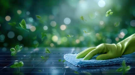 Gloved hand cleaning solar panel with microfiber cloth, green leaves floating, eco friendly cleaning scene