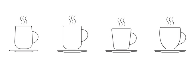 Coffee cup outline icons on beige, A set of coffee cup outline icons with steam in various styles, displayed on a beige background, perfect for cafe themes.