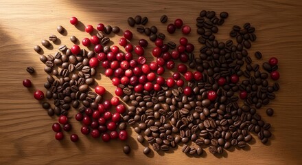 Fototapeta premium Roasted Coffee Beans and Fresh Berries Arranged on a Wooden Surface