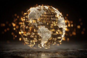 A glowing digital globe made up of binary code and illuminated data points represents a cybernetic Earth
