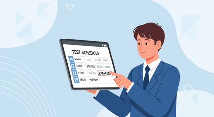 Fototapeta premium Student Examining Test Schedule on a Tablet, Preparing for Examinations and Studying Successfully