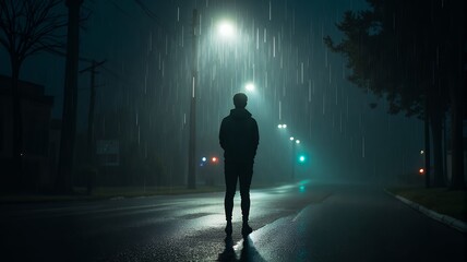 Lonely person standing under streetlight in heavy rain, cinematic solitude.