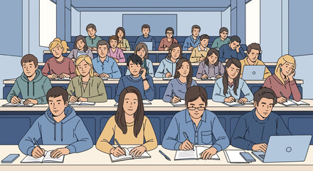 Students Attending Lectures And Taking Notes In Modern University Classroom Scene