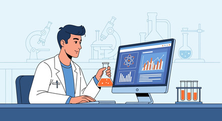 Scientist Analyzing Data In Laboratory, Performing Scientific Research Using Computer Technology