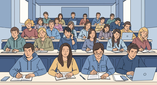 Students Attending Lectures And Taking Notes In Modern University Classroom Scene