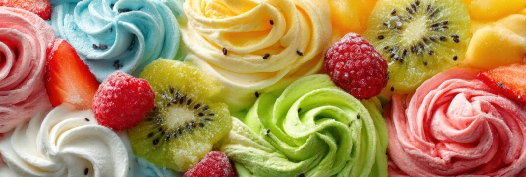Deliciously colorful ice cream swirls decorated with fresh fruits