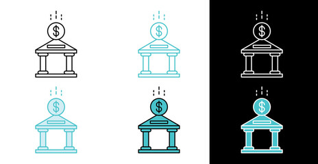 Dollar coin entering bank icon for wealth management and finance apps in line and fill style