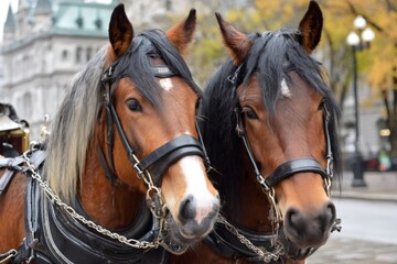 Pair of carriage horses in harness on city street