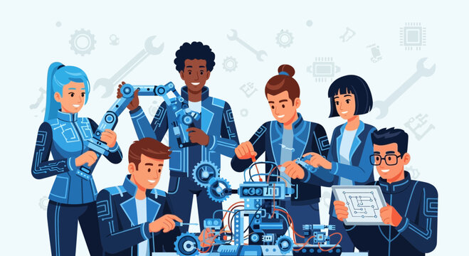 Team Of Engineers Collaborating On A Robotics Construction Project With Futuristic Designs