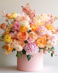 Spring floral arrangement in a soft pink box featuring peonies, ranunculus, and roses in pastel tones