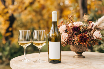 White wine bottle with blank label and two glasses set beside a floral autumn arrangement