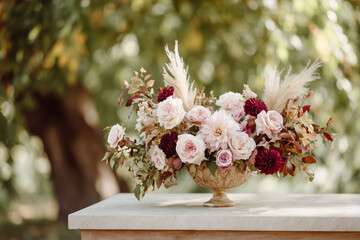 Lush floral arrangement with roses, dahlias, and pampas grass in a vintage vase on an outdoor table