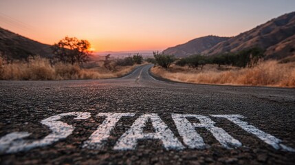 Naklejka premium Journey begins on winding road at sunrise through charming hills