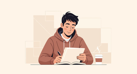 Young Man Sketches In His Notebook While Having A Coffee During A Study Break.
