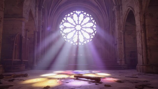 Interior of an Abandoned Gothic Cathedral with Rose Window and Sunbeams, Religious Architecture, Light and Shadow, Atmospheric Scene