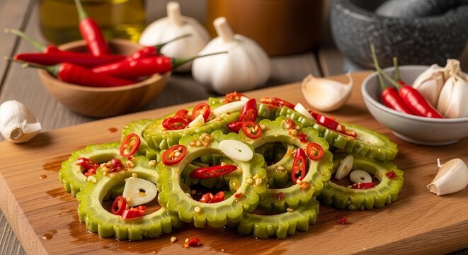 Rustic Food Preparation with Bitter Melon, Chili Peppers, and Garlic, Ready for Cooking