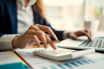 Businesswoman Hand Using Calculator Working on Financial Report Data Analysis and Budgeting