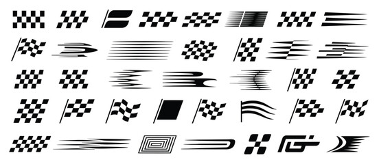 Racing speed lines and checkered flag graphic set vector design for motorsport finish line performance and fast motion concept