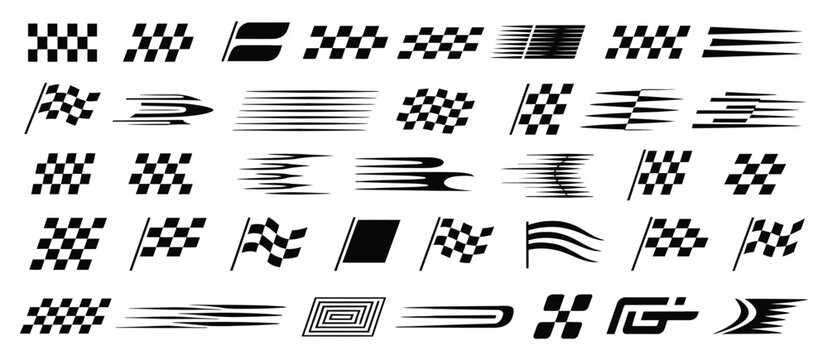 Racing speed lines and checkered flag graphic set vector design for motorsport finish line performance and fast motion concept