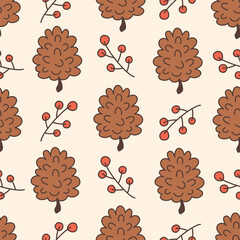 cute hand drawn cartoon pinecone with branch with winter red berries seamless vector pattern background illustration 