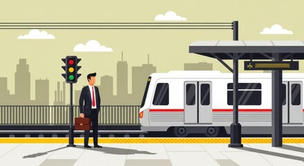 Businessman waiting for train at city subway station