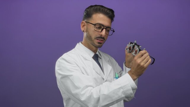 Man wearing white coat holds and adjusts black trial frame eyeglasses tool in purple studio with focused gaze; precision.
