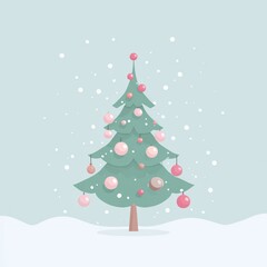 Naklejka premium A whimsical Christmas tree adorned with colorful ornaments surrounded by gentle snowfall, perfect for holiday-themed designs, greeting cards, and festive promotions,