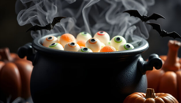 Spooky Halloween Cauldron with Eyeball Candies and Smoke, Witches Pot Filled with Gummy Eyes for Festive Decor