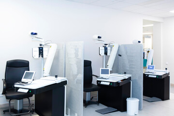 Modern ophthalmological equipment at the medical center. Concepts of eye diseases, ophthalmology, vision health, vision diagnostics, and the medicine of the future.