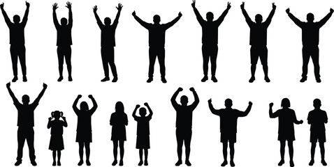 Silhouette people raising hands, children and adults, teamwork, celebration, unity, gesture collection, black figures, isolated poses, expressive movement, diversity