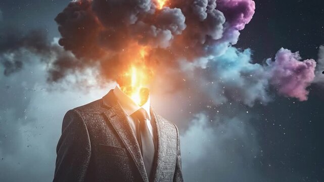 Dynamic conceptual image of a figure in a suit, their head replaced by an explosive cloud of fire and smoke, symbolizing immense pressure, creative outburst, or mental liberation
