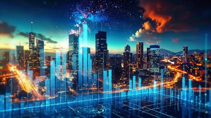 Dynamic urban landscape infused with cutting-edge digital data visualization and smart technology, representing global connectivity, financial growth, and a high-tech future city at night - Powered by Adobe