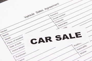 Obraz premium Inscription car sale and vehicle sales agreement. Sales, purchases of automobile. Transportation