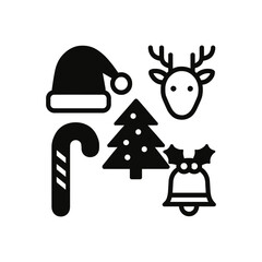 Fototapeta premium Christmas icons including santa hat reindeer candy cane tree and bell