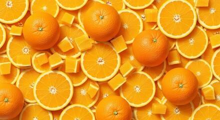 Vibrant, refreshing, full-frame pattern of abundant fresh oranges. Whole fruits, halved slices, and diced segments create an invigorating, natural citrus background, perfect for healthy designs