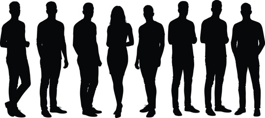 Silhouette people standing, fashion pose, black shadow, casual outfit, urban style, character design, posture study, modeling reference, stylish group, diversity